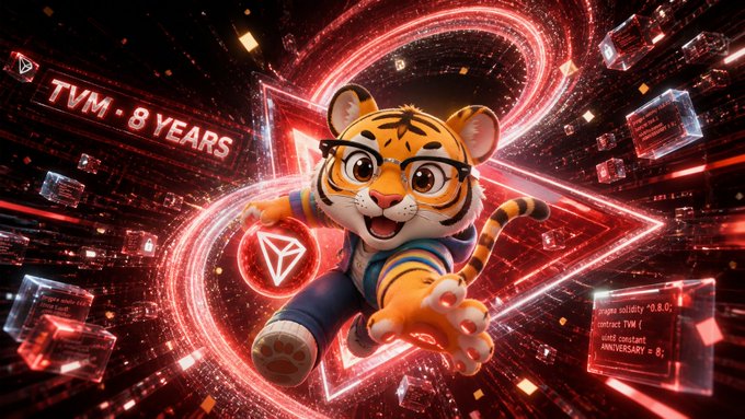 3D-rendered tiger mascot wearing glasses in a red futuristic tunnel with 'TVM · 8 YEARS' displayed and Tron (TRX) anniversary references visible.