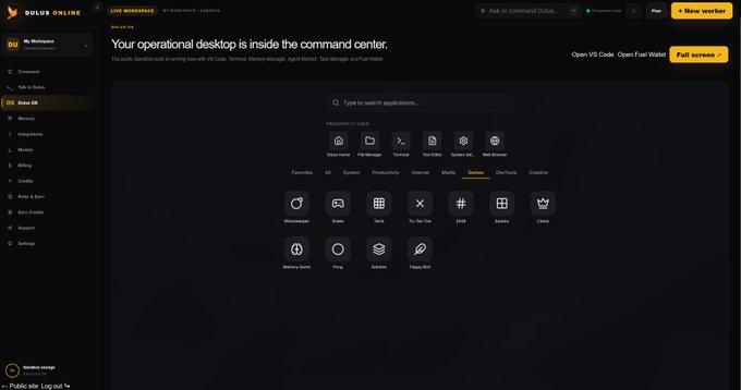 A screenshot of the Dujx Online workspace dashboard showing "Your operational desktop is inside the command center" with various frequently used apps like WhalesApp, X, Terminal, and others, along with a sidebar menu including Base OS, Recovery, and Integrations.