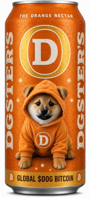 A condensation-covered orange beverage can labeled 'THE ORANGE NECTAR' with a large 'D' logo and 'DOGSTERS' text on the sides, featuring a Shiba Inu dog in an orange hoodie and 'GLOBAL $DOG BITCOIN' at the bottom.