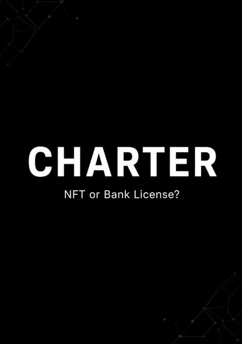 A black cover page with decorative network/geometric patterns in the corners, displaying the title "CHARTER" in large white letters with the subtitle "NFT or Bank License?" below it, illustrating the post's central question about whether the Standard Reserve's Charter functions more like an NFT collectible or a traditional banking license/permit that grants holders the right to operate a Branch and receive allocations.