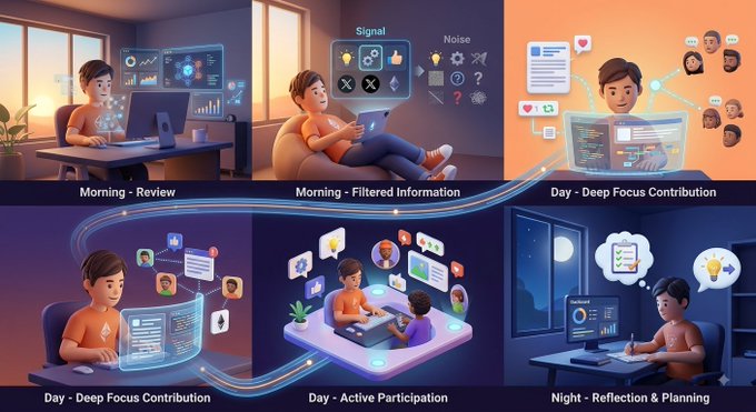 A six-panel 3D cartoon illustration showing a man's activities throughout the day: 'Morning - Review', 'Morning - Filtered Information', 'Day - Deep Focus Contribution' (twice), 'Day - Active Participation', and 'Night - Reflection & Planning'.