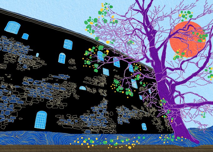 A stylized artwork featuring a large dark building with blue windows on the left, a purple tree with green and yellow dots on the right, and an orange sun/moon in the background, all set above blue wavy water patterns.