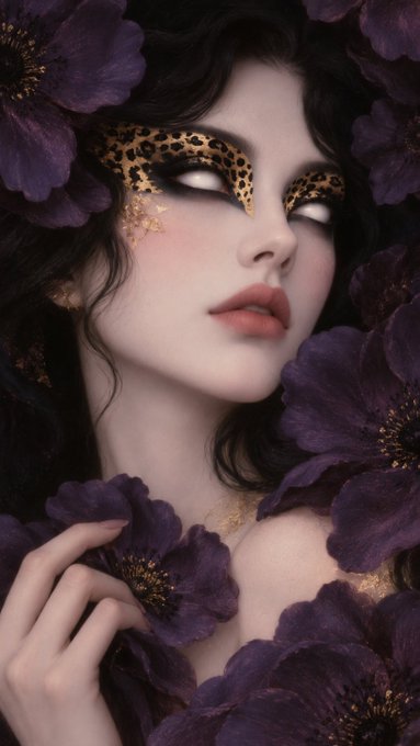 A digital artwork portrait of a woman with leopard print eye makeup surrounded by dark purple flowers.