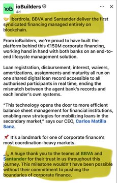 An Instagram post by 'ib_ibuiders' announcing that Iberdrola, BBVA, and Santander delivered the first syndicated financing managed entirely on blockchain, quoting CEO Carlos Matilla Sanz about the milestone for corporate finance.