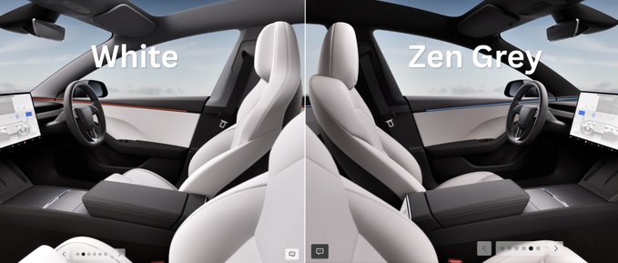 A side-by-side comparison of a Tesla car interior showing two color options labeled "White" and "Zen Grey".