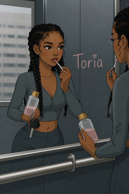 A cartoon illustration shows a young woman with braided hair applying lip gloss while looking in an elevator mirror, with the name 'Toria' and a heart written on the wall behind her.