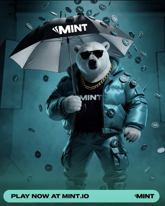 An advertisement shows a polar bear wearing sunglasses, a gold chain, and a blue jacket, holding an umbrella with 'MINT' written on it, surrounded by falling tokens, with text 'PLAY NOW AT MINT.IO' at the bottom.