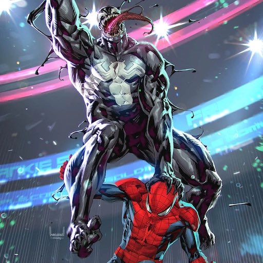 An illustration depicts the Marvel character Venom standing aggressively over Spider-Man in what appears to be a brightly lit arena.