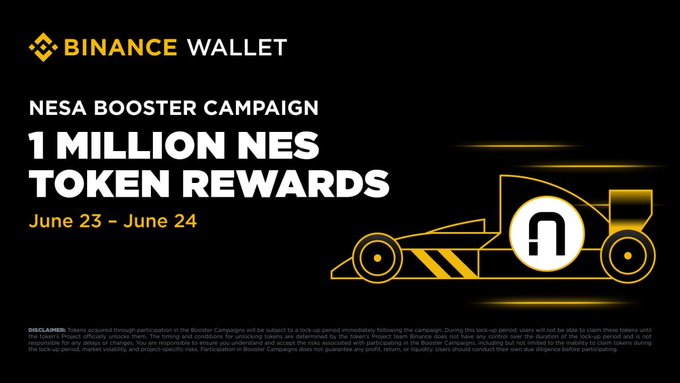 The image features a poster for a campaign by Binance Wallet, which promotes a booster campaign for the Nes token. The poster includes a racing car illustration with the text "Binance Wallet" written above it. The poster also displays the text "1M Token" and "NES token rewards", indicating that users can earn tokens in exchange for donations to the campaign.