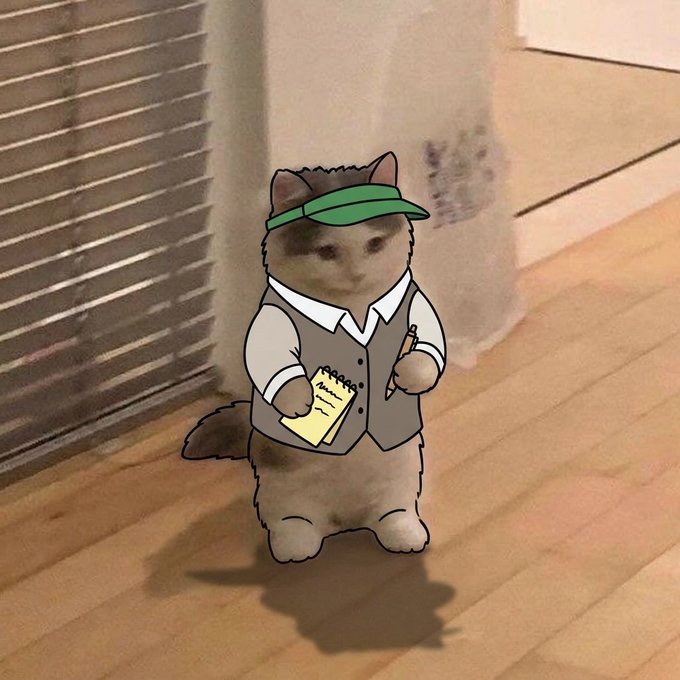 A gray cat stands on a wooden floor dressed as a reporter, wearing a green visor and gray vest over a white shirt, while holding a notepad and pencil—capturing the essence of "taking notes."