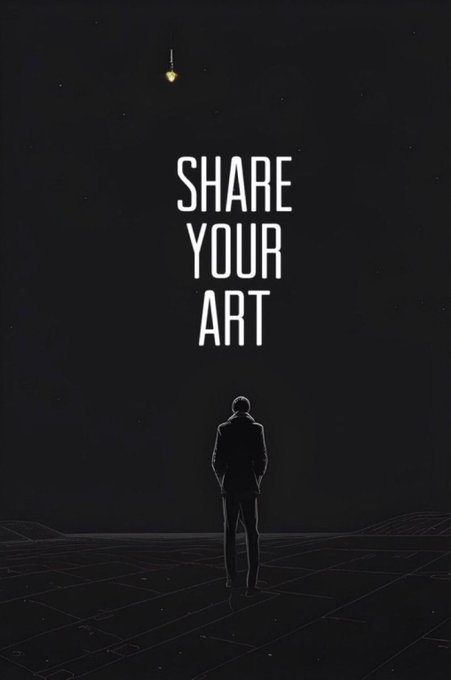 A dark, minimalist poster with a silhouette of a person standing beneath the bold white text 'SHARE YOUR ART' and a small glowing lightbulb above.