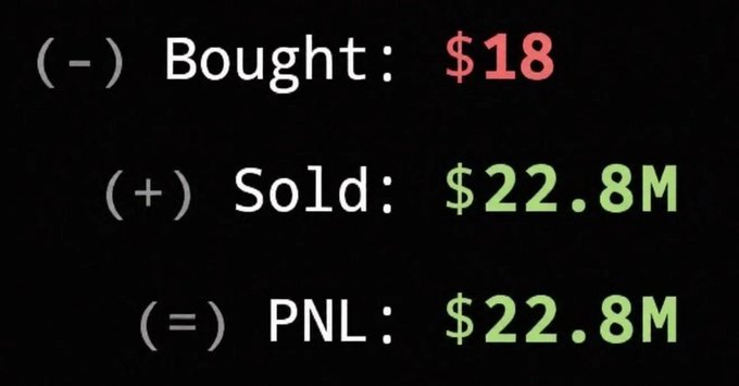 The image displays a simple profit calculation showing a purchase at $18, a sale at $22.8M, and a resulting PNL (profit and loss) of $22.8M. This visually reinforces the post's claim of a trader turning an $18 investment into $22.8 million from a memecoin, with the "Bought" amount highlighted in red and the massive profit in green to emphasize the absurd gain.