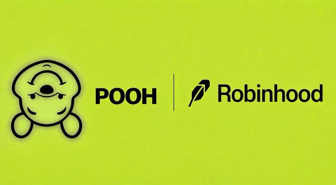 A bright yellow graphic displays a simplified, cartoonish Winnie the Pooh character next to the text "POOH," separated by a vertical line from the Robinhood logo and name, visually representing the "POOH" ticker alongside the popular trading platform.