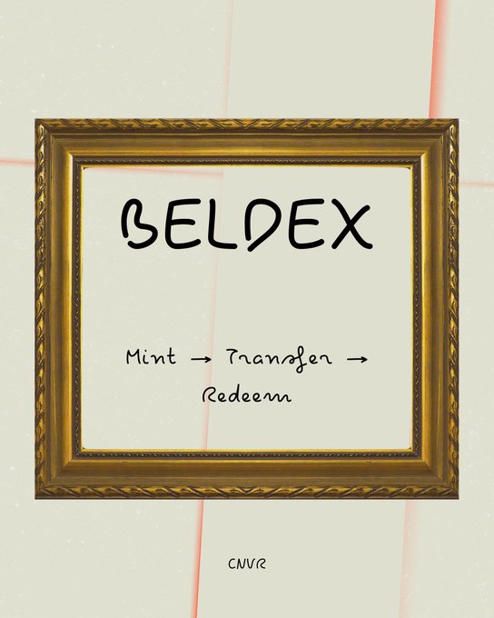 An ornate gold picture frame displays "BELDEX" prominently, with the text "Mint → Transfer → Redeem" written below it and "CNVR" at the bottom, visually illustrating Beldex's cross-chain privacy protocol flow mentioned in the post.