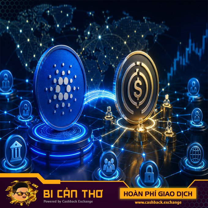 Promotional graphic showing a blue Cardano (ADA) coin and a gold USD coin connected by a glowing bridge, with text 'BÍ CÂN THƠ - Powered by Cashback Exchange' and 'HOÀN PHÍ GIAO DỊCH' alongside 'www.cashback.exchange'.