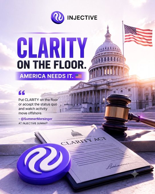 An Injective advertisement advocating for the 'CLARITY ACT' displays the U.S. Capitol building and an American flag in the background, with a gavel and the act's document in the foreground, quoting @SummerMersinger at the Injective Summit.