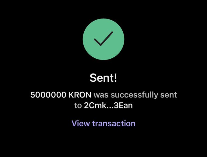 A transaction confirmation screen displays a green checkmark with the text "Sent! 5000000 KRON was successfully sent to 2Cmk...3Ean," verifying the 5 million KRON transfer mentioned in the post to the bull artist's wallet.