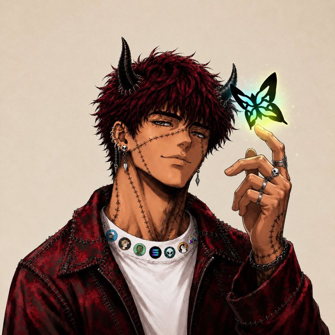 Anime-style illustration of a red-haired character with horns and stitched facial markings, holding a glowing green butterfly while wearing a red jacket and crypto-themed pin necklace.