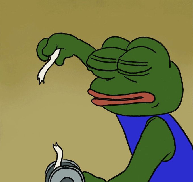 An illustration of a sad green Pepe the Frog in overalls, peeling tape from a roll against an olive background.