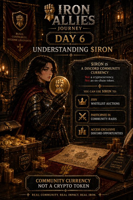 A fantasy-themed promotional poster for 'IRON ALLIES JOURNEY DAY 6' explaining that $IRON is a Discord community currency, not a cryptocurrency, listing uses like whitelist auctions, community raids, and exclusive Discord opportunities.