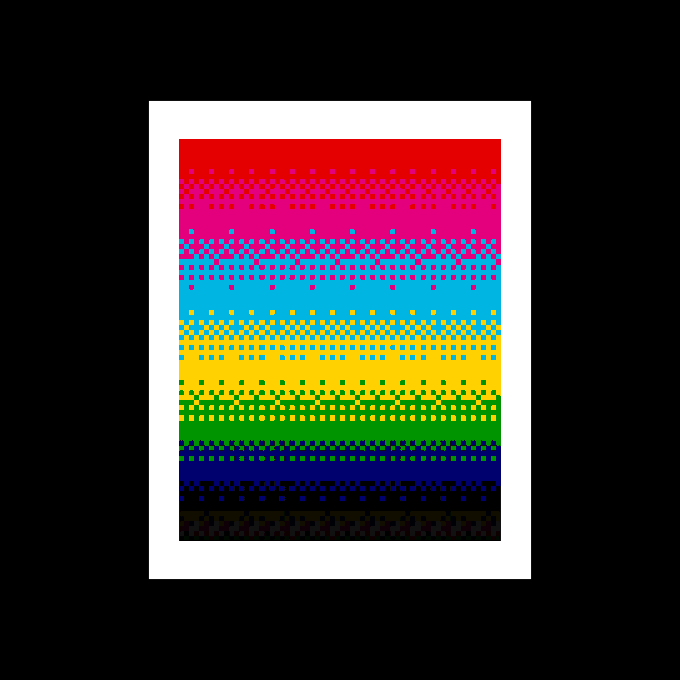 A colorful pixelated geometric pattern poster featuring horizontal stripes in rainbow colors (red, pink, blue, yellow, green, navy) with diamond and dot motifs.