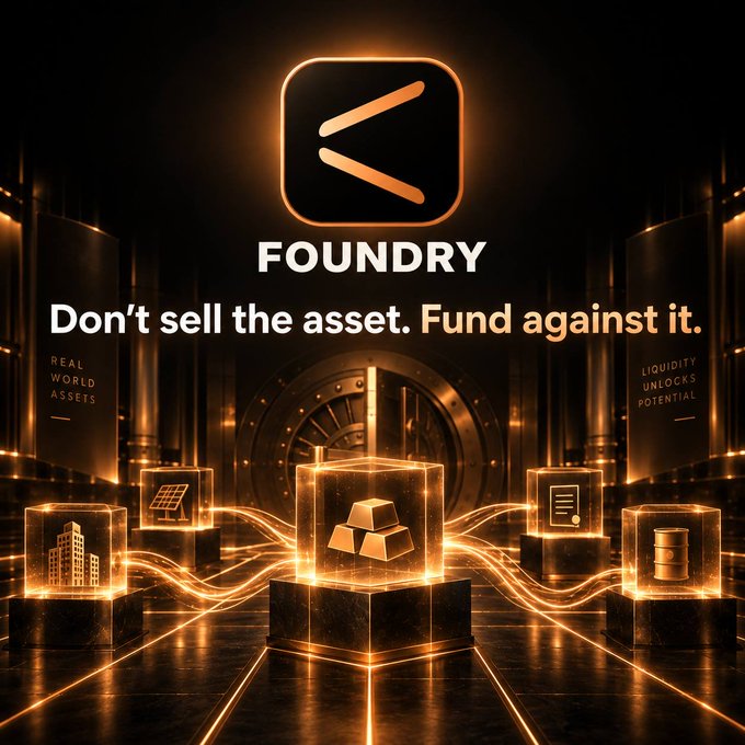 A promotional graphic for 'FOUNDRY' displays the slogan 'Don't sell the asset. Fund against it.' alongside 'REAL WORLD ASSETS' and 'LIQUIDITY UNLOCKS POTENTIAL' over a 3D rendered vault background.