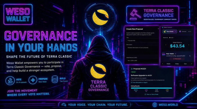 The image shows a purple poster with an illustration featuring a person wearing a black hoodie standing behind a blue neon sign that says "terra classic governance". The poster also contains text related to cryptocurrency, specifically mentioning a "WESO wallet" where users can participate in governance directly using their MPC wallets. The poster encourages users to vote for key proposals and shapes the future of Terra Luna Classic by giving them direct involvement in decision-making processes concerning the governance of Terra Classic itself.