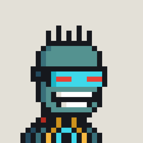 A pixel art character with a teal head, red eyes, a wide smile, and spikes on top is shown against a white background.