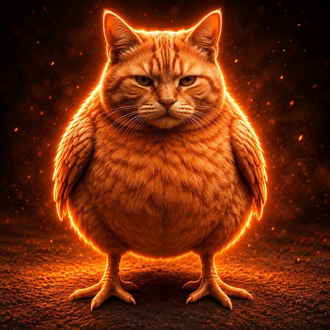 A fiery, glowing orange cat with wings stands against a dark ember-filled background, symbolizing the bullish energy and fiery optimism of a crypto market rally. The image visually reinforces the post's bullish sentiment, suggesting rising fortunes for believers in the token.