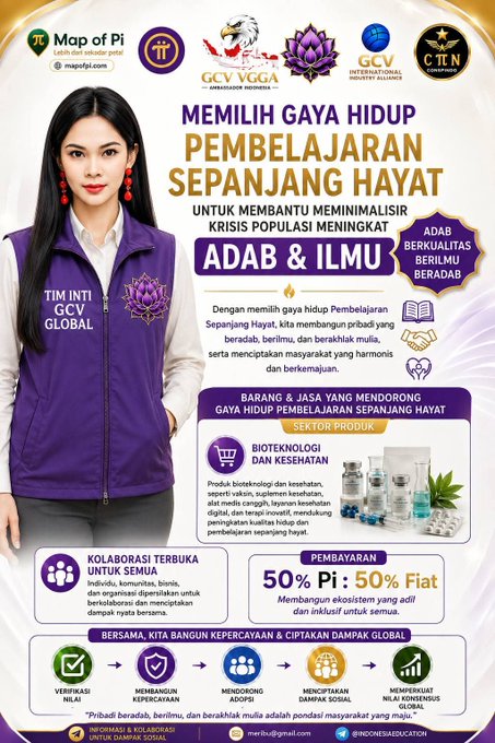 A promotional infographic featuring a woman in a purple "TIM INTI GCV GLOBAL" vest alongside Indonesian text titled "MEMILIH GAYA HIDUP PEMBELAJARAN SEPANJANG HAYAT" (Choosing a Lifelong Learning Lifestyle), highlighting the "ADAB & ILMU" philosophy, biotechnology and health products, and a "50% Pi : 50% Fiat" payment model tied to GCV global initiatives, which visually reinforces the post's emphasis on a transparent, collaborative, Pi-Fiat hybrid ecosystem under Nonny Padja's leadership.