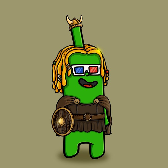 A cartoon illustration of a green character resembling Among Us wearing 3D glasses, a horned helmet, orange dreadlocks, and a brown tunic with a wooden shield.