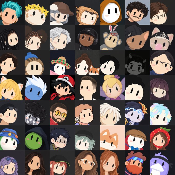 A grid of 42 small cartoon-style avatar illustrations featuring various characters with different hairstyles, hats, and animal features on dark backgrounds.