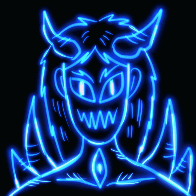 A neon blue line drawing on a black background depicting a menacing, grinning character with pointed ears, horns, and spiky shoulders.