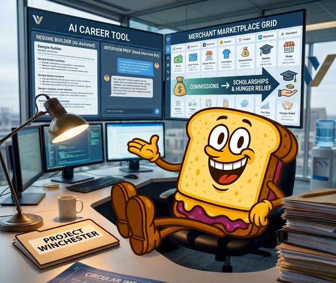 An animated toast sandwich character sits at a desk in front of two monitors displaying "AI Career Tool" features like Resume Builder and Interview Prep, alongside a "Merchant Marketplace Grid" linking "Commissions" to "Scholarships & Hunger Relief," with a clipboard labeled "Project Winchester." The image playfully ties the peanut butter and jelly mascot to the post's promotion of free ATS-friendly resume scans to help job seekers avoid automated rejections.