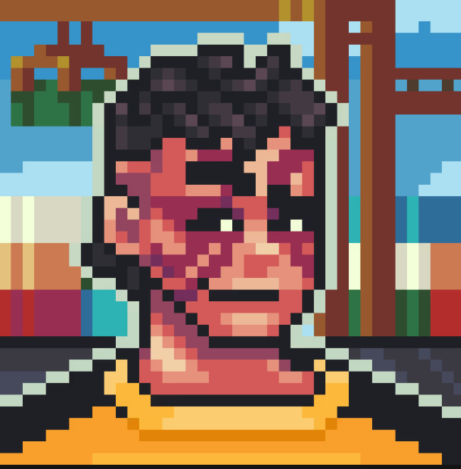 A pixel art portrait depicts a man with dark hair and a mustache wearing a yellow shirt, set against a colorful blocky background.