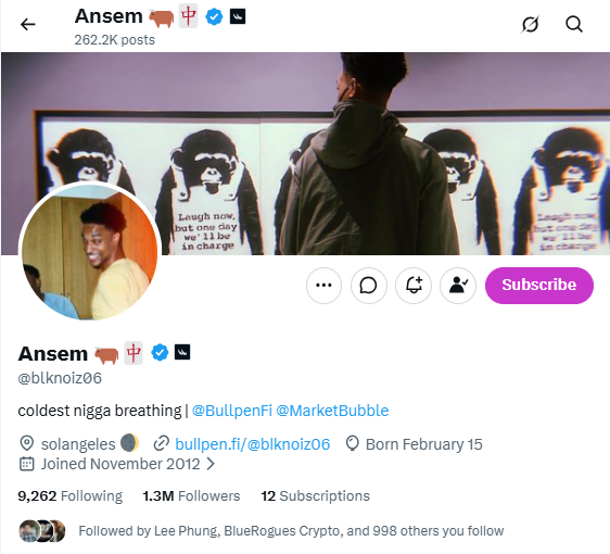 A Twitter/X profile page for 'Ansem' (@blknoiz06) with a boar and Chinese flag emoji, bio reading 'coldest nigga breathing | @BullpenFi @MarketBubble,' showing 1.3M followers and a Subscribe button.