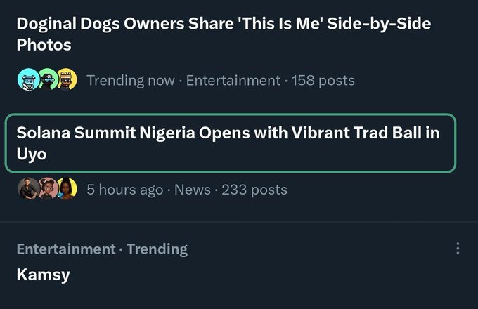 A screenshot of a social media trending page showing 'Doginal Dogs Owners Share 'This Is Me' Side-by-Side Photos' and 'Solana Summit Nigeria Opens with Vibrant Trad Ball in Uyo'.