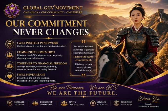 A promotional graphic for the Global GCV Movement features founder Doris Yin on horseback against a mountainous backdrop with a Great Wall of China motif, declaring "OUR COMMITMENT NEVER CHANGES" alongside four pledges (protect the Pi network, community first, financial freedom, never leave) and a quote attributed to Dr. Nicolas Kokkalis: "I share the same commitment." The image visually reinforces the post's message of personal dedication to the movement and its mission of unity and lasting community involvement.