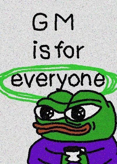 The image features a cartoon frog wearing a purple shirt holding a cup of coffee while sitting against a white background with green lines around its head, which reads "GOM is for everyone". The text appears to be written by hand or drawn on paper, giving the image an artistic and personal touch.