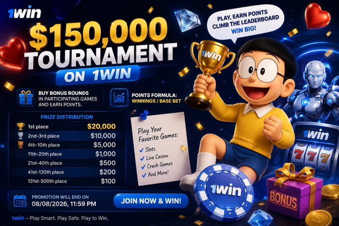 A promotional banner for a '1win' $150,000 Tournament with prize distribution details, ending 08/08/2026, featuring a cartoon character holding a trophy.
