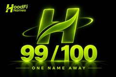 A promotional graphic featuring a green stylized 'H' logo with the text 'HoodFi Homes', '99/100', and 'ONE NAME AWAY' on a black background.