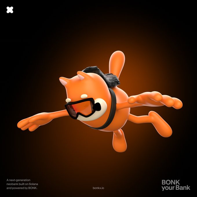 A 3D render of an orange cartoon cat wearing a parachute and sunglasses, set against a dark background, with text advertising a "next-generation neobank built on Solana" called BONK.