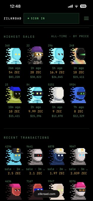 A mobile screenshot of the ZILKROAD NFT marketplace showing highest sales and recent transactions featuring pixel art zombie and ghost-like characters with prices in ZEC currency, ranging from 9 to 26 ZEC.