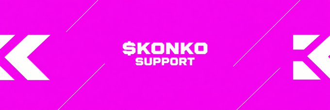 A bright pink banner displays the text '$KONKO SUPPORT' in the center, flanked by white geometric arrow-like shapes on either side.