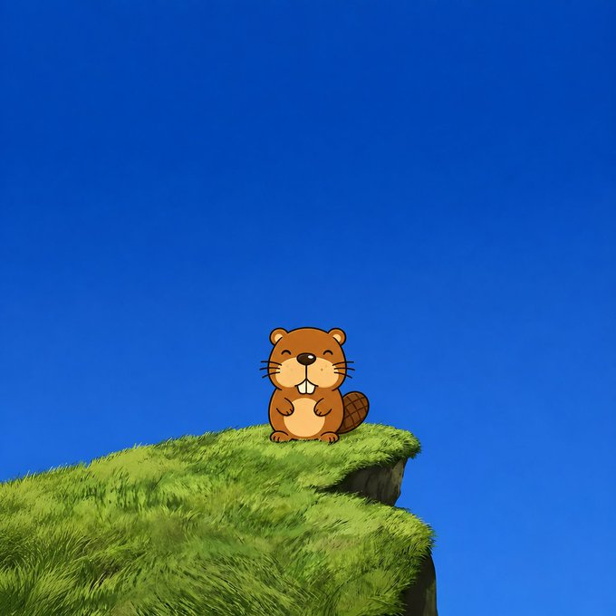 A small cartoon beaver with prominent buck teeth sits cheerfully on the edge of a grassy cliff against a bright blue sky.
