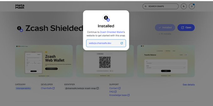 A screenshot of the MetaMask interface showing the Zcash Shielded Wallet snap installed, with a confirmation popup directing users to web.zcha.in
