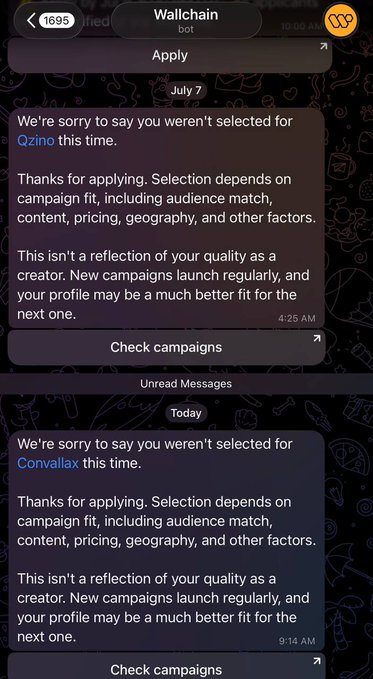 A screenshot of a Telegram chat with the Wallchain bot showing two rejection messages from July 7 stating the user wasn't selected for the Qzino and Convallax campaigns.
