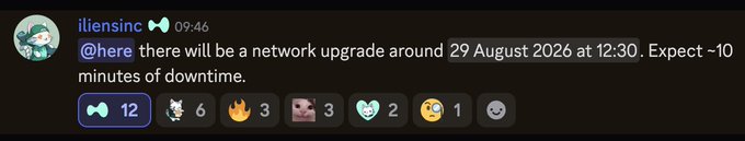 The image shows a Discord message from user "iliensinc" at 09:46 announcing a network upgrade scheduled for 29 August 2026 at 12:30, with an expected ~10 minutes of downtime, alongside 12 fish emoji reactions. The accompanying post confirms this as a HIP4 network update notification regarding the deployment of permissionless markets.