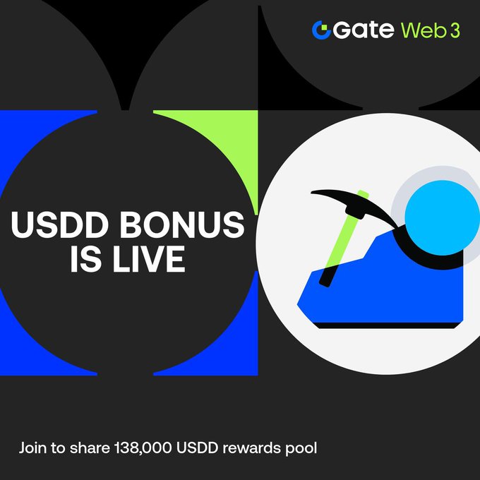 The promotional graphic from Gate Web3 announces "USDD BONUS IS LIVE" with a reward pool of 138,000 USDD, featuring mining-themed imagery with a pickaxe and blue gems, aligning with the post's announcement about the new staking phase offering daily USDD rewards on BNB Chain and Ethereum.