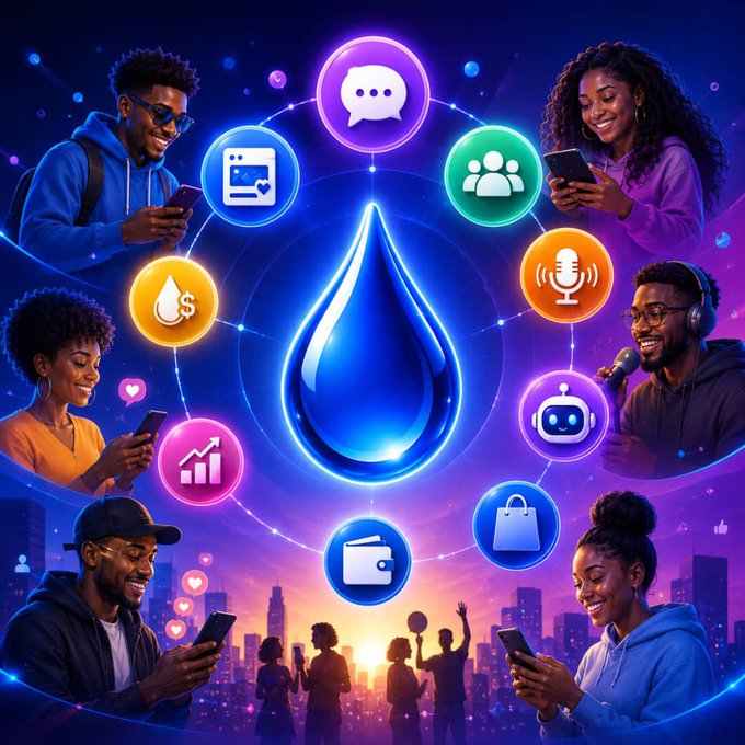 A vibrant digital illustration showing diverse young people using smartphones, connected by glowing icons (chat, shopping, microphone, robot, wallet) around a central blue water droplet.